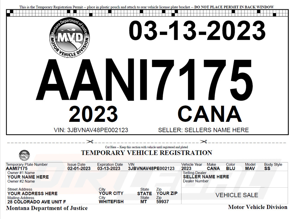 Montana Motor Vehicle Division temporary registration card with large plate number AAN7175 and date 03-13-2023