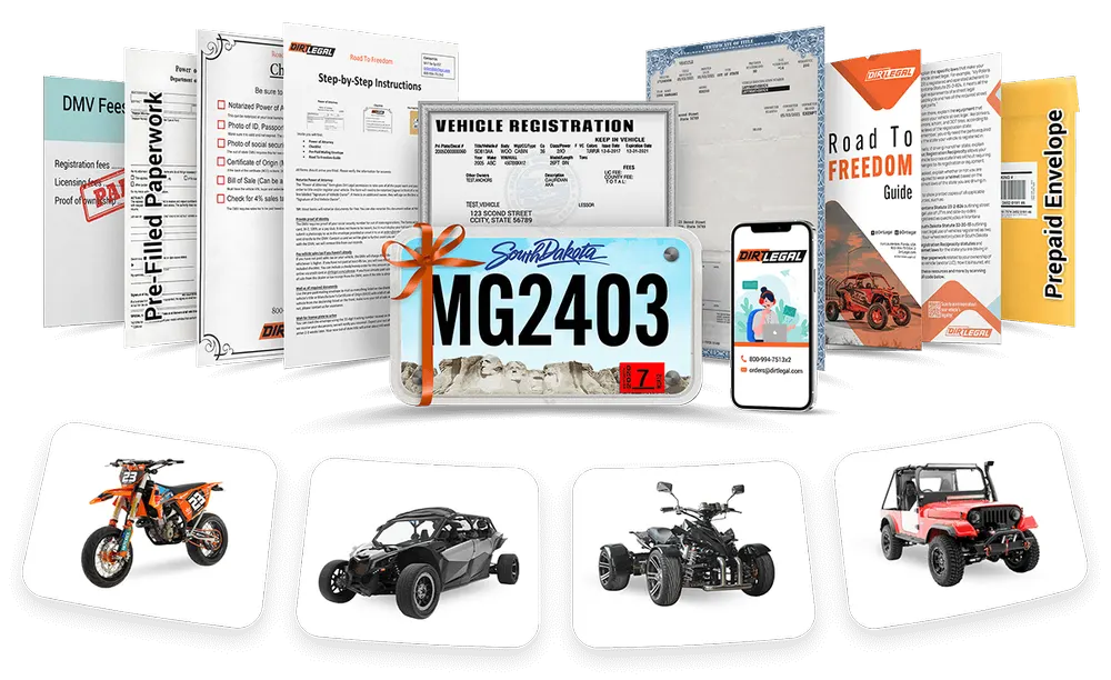 A South Dakota license plate surrounded by the order paperwork, the Road to Freedom guide and a prepaid envelope, above a dirt bike, UTV, ATV and Roxor